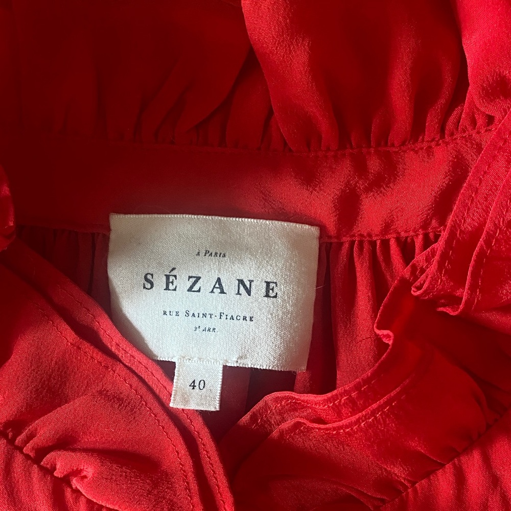 Sezane Silk Red Ruffled Button-Up Blouse - Picture 3 of 12